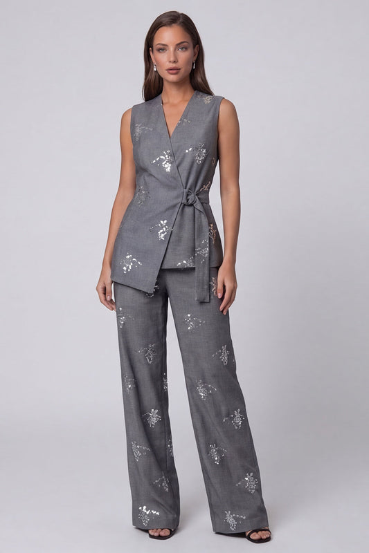 Dark Grey V-Neck Two-Piece Sequin Work Suits with Belt