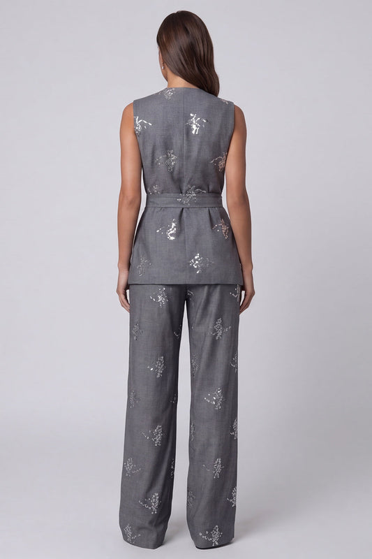 Dark Grey V-Neck Two-Piece Sequin Work Suits with Belt