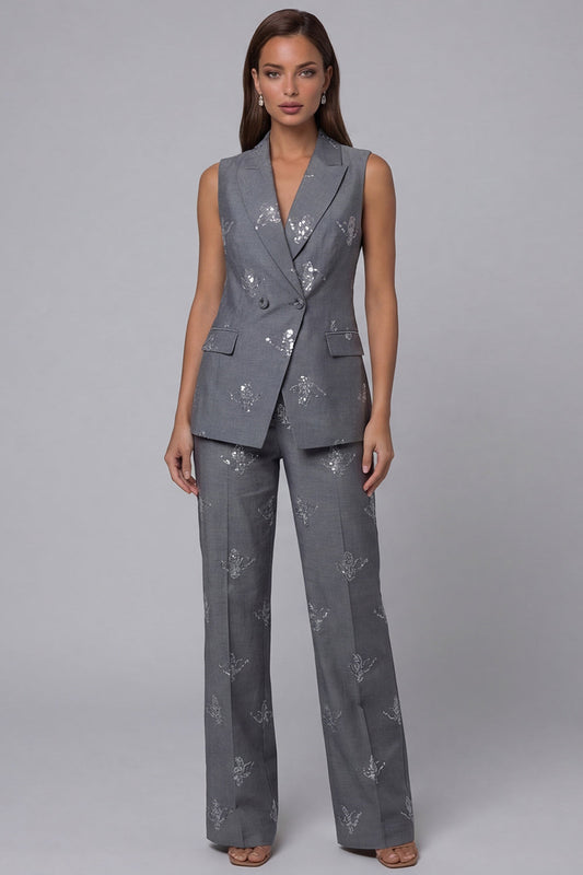Dark Grey Double-Breasted Peaked Lapel Two-Piece Sequin Work Suits