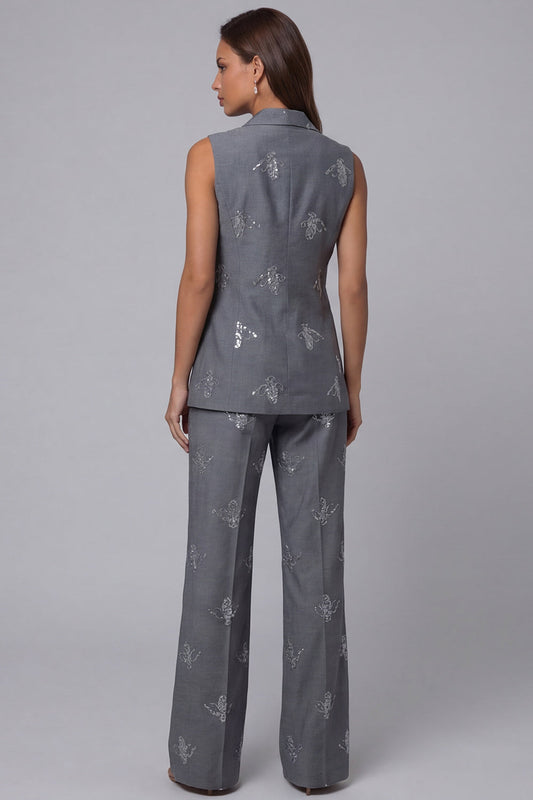 Dark Grey Double-Breasted Peaked Lapel Two-Piece Sequin Work Suits