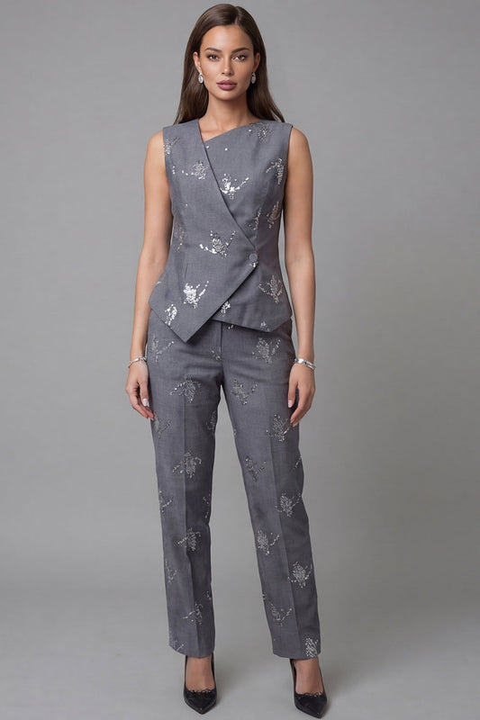 Dark Grey One-Button Sequin Sleeveless Two-Piece Work Suits