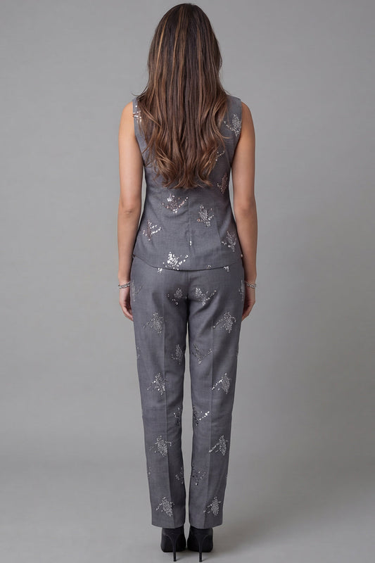 Dark Grey One-Button Sequin Sleeveless Two-Piece Work Suits