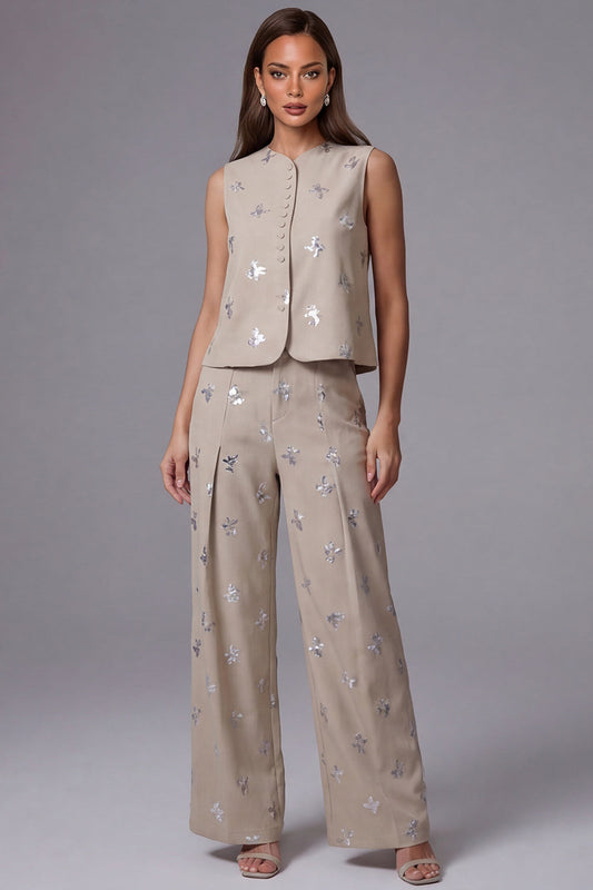 Sparkly Khaki Single-Breasted Two-Piece Work Suits