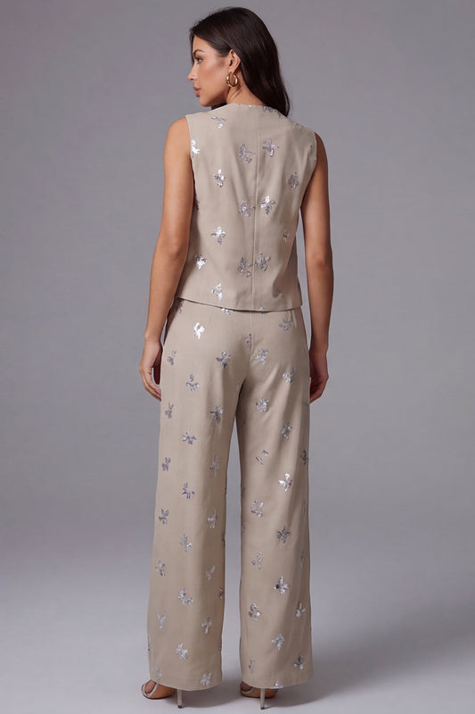 Sparkly Khaki Single-Breasted Two-Piece Work Suits