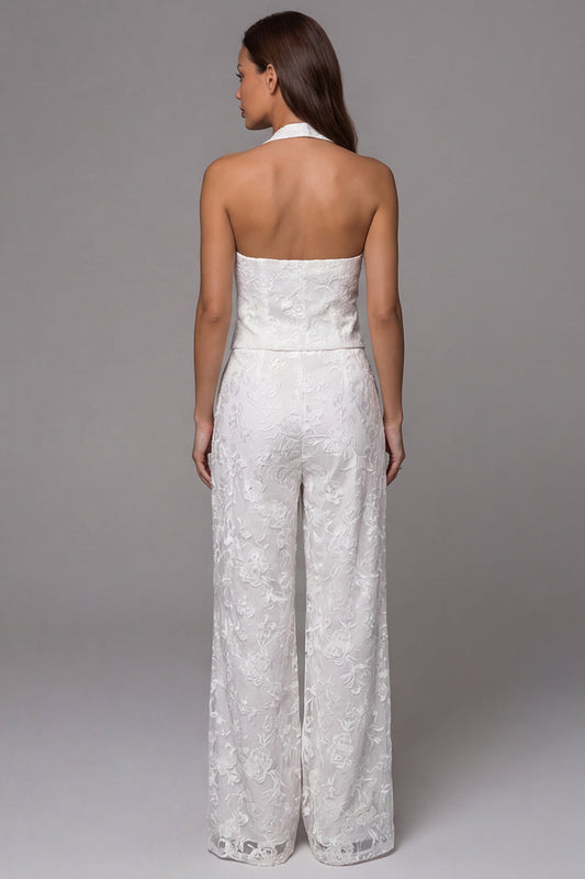 Ivory Halter Lace Embroidered Two-Piece Pant Suits