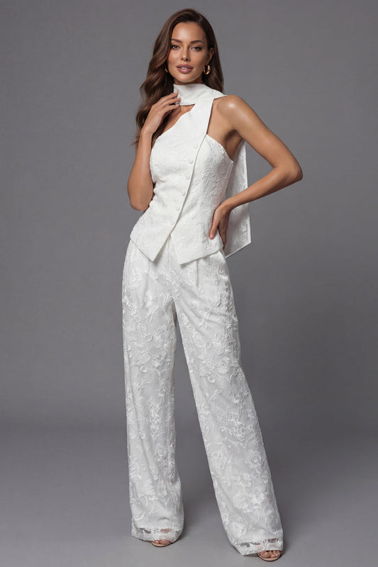 Ivory Lace Embroidered Two-Piece Work Suits with Neck Scarf