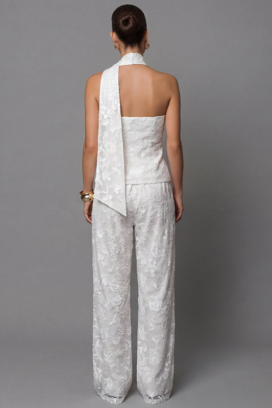 Ivory Lace Embroidered Two-Piece Work Suits with Neck Scarf