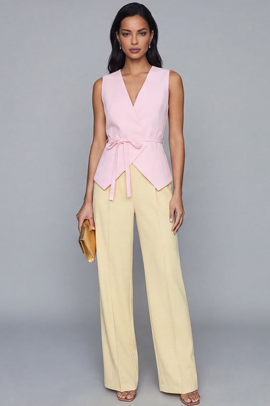Trajes de trabajo de dos piezas con cuello en V rosas y amarillos