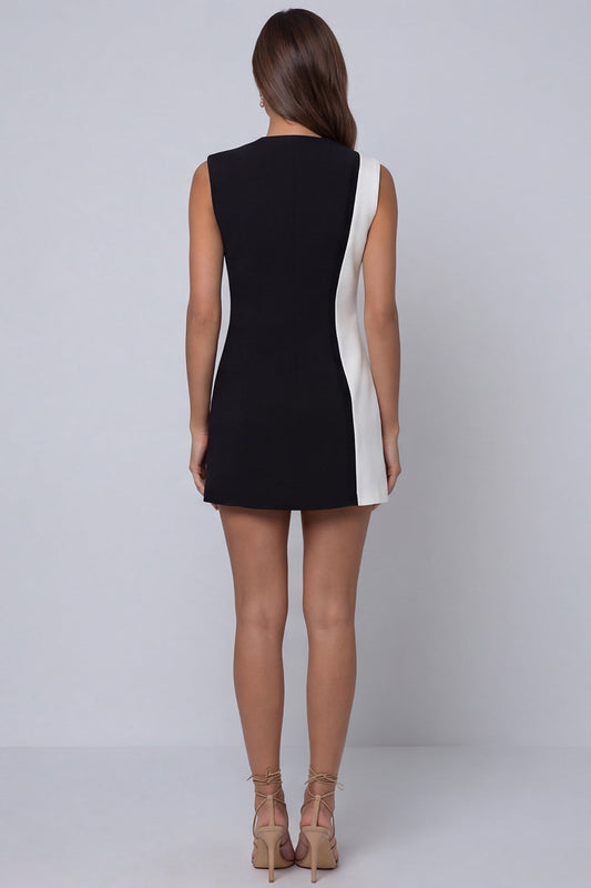 Black and White Lapel Sleeveless Short Work Dress