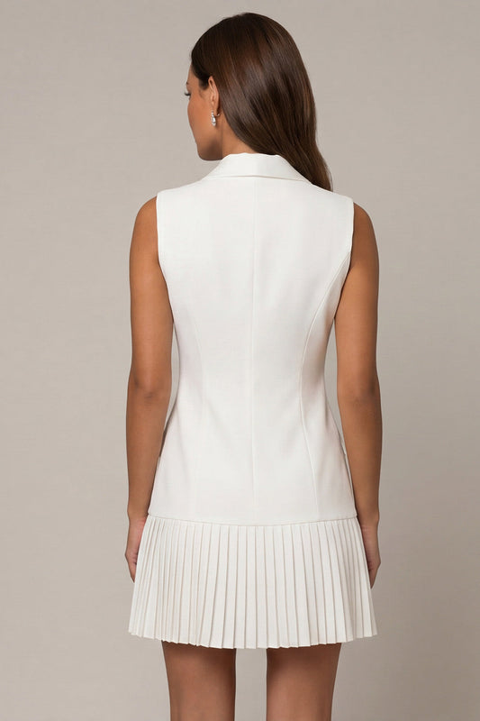 White Shawl Lapel Pleated A-Line Short Work Dress