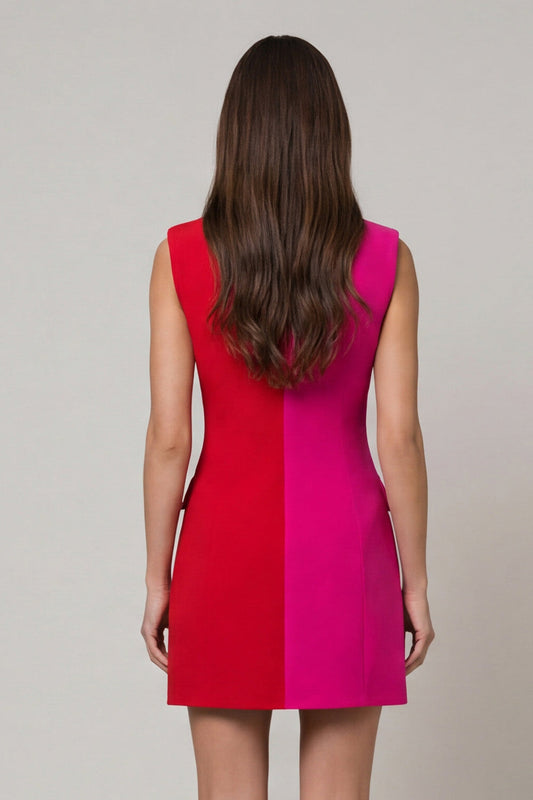 Fuchsia and Red Peaked Lapel Double-breasted Sheath Work Dress