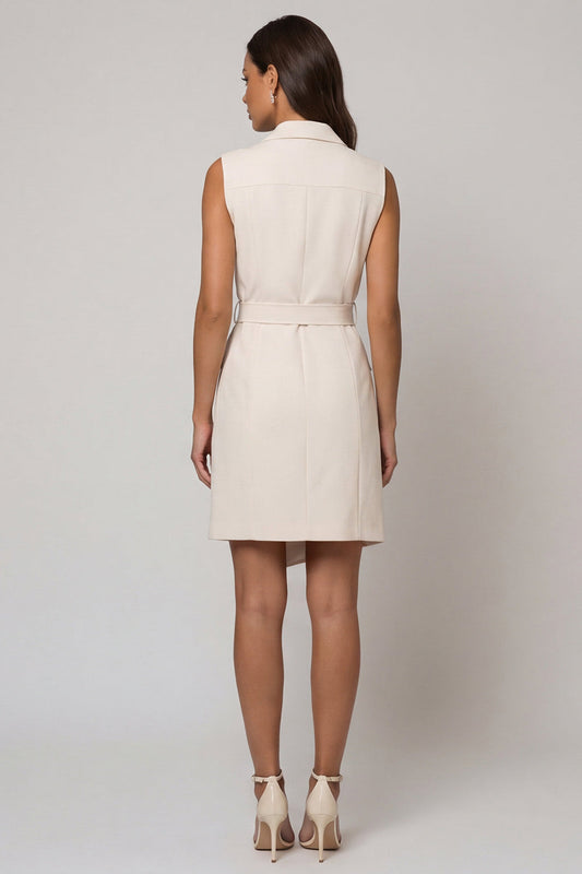 Ivory Peaked Lapel Double-breasted Short Work Dress with Belt