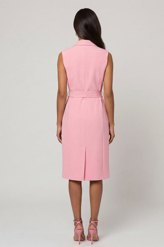 Robe de travail midi fourreau à revers châle rose avec ceinture