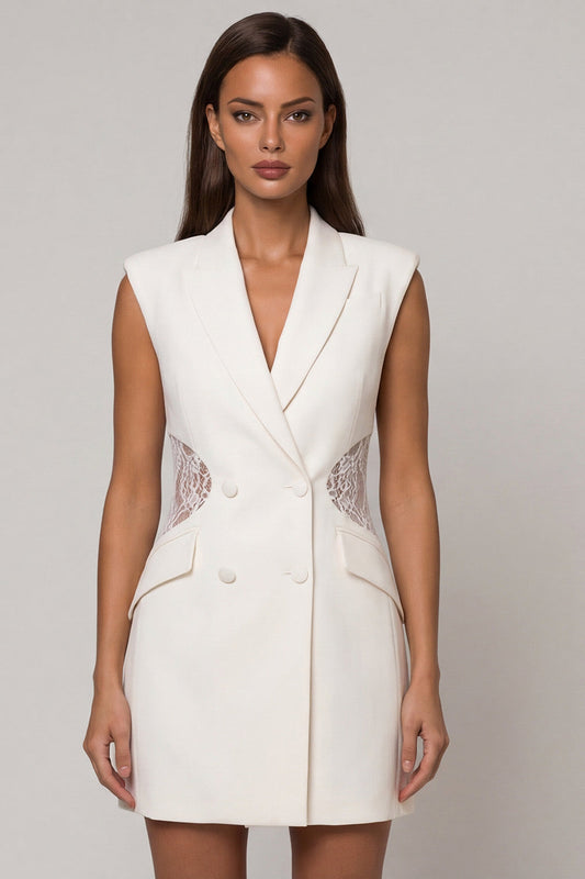 White Peaked Lapel Double-breasted Lace Sheath Short Work Dress