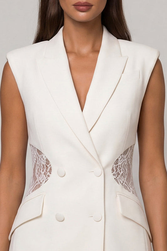 White Peaked Lapel Double-breasted Lace Sheath Short Work Dress
