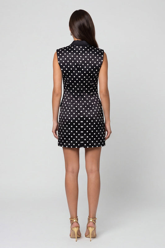 Robe de travail courte à pois, double boutonnage et revers crantés noirs