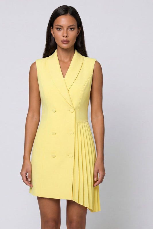 Yellow Shawl Lapel Pleated Asymmetrical Work Dress
