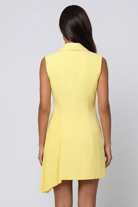 Yellow Shawl Lapel Pleated Asymmetrical Work Dress