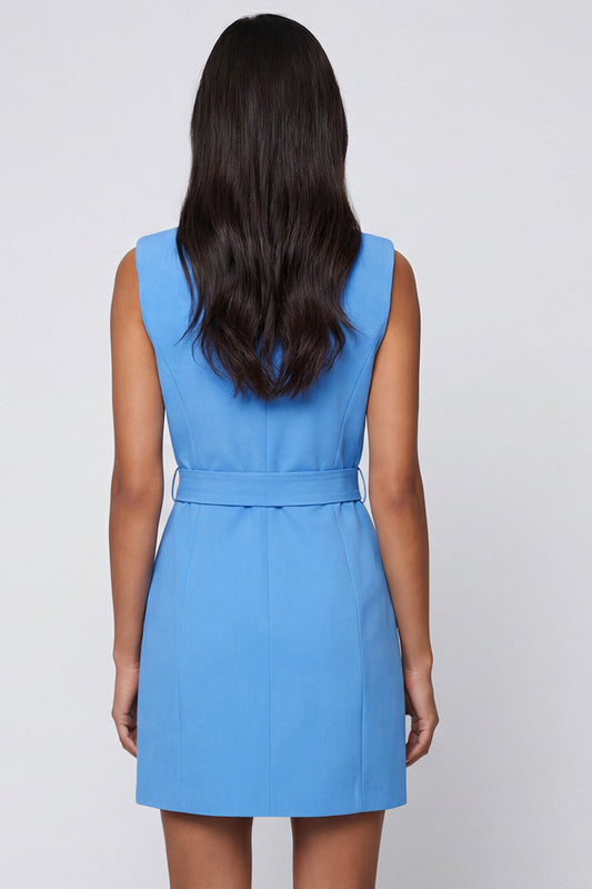Robe courte de travail bleue à revers crantés avec ceinture