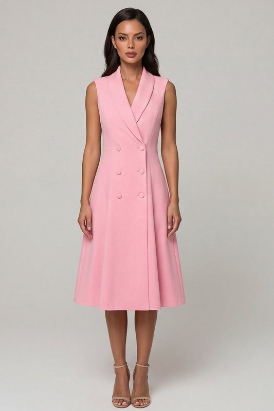 Robe de travail midi évasée à double boutonnage avec revers châle rose