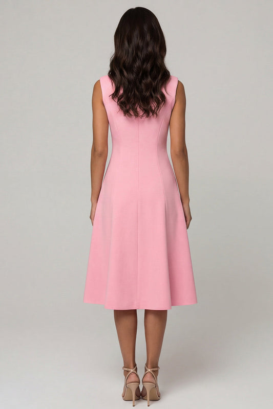 Robe de travail midi évasée à double boutonnage avec revers châle rose