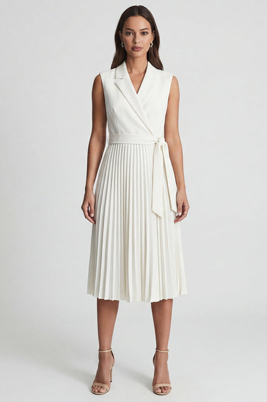 Ivory Notched Lapel Pleated A-Line Midi Work Dress with Belt
