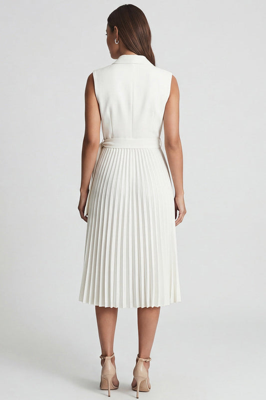Ivory Notched Lapel Pleated A-Line Midi Work Dress with Belt