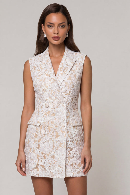 Lace Ivory Peaked Lapel Sheath Short Work Dress