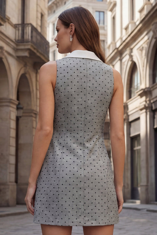 Grey Notched Lapel Sheath Short Polka Dot Work Dress