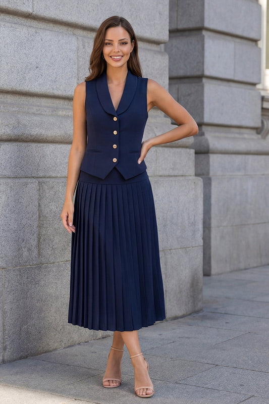 Halter Navy Single-breasted Pleated A-Line 2-piece Work Dress