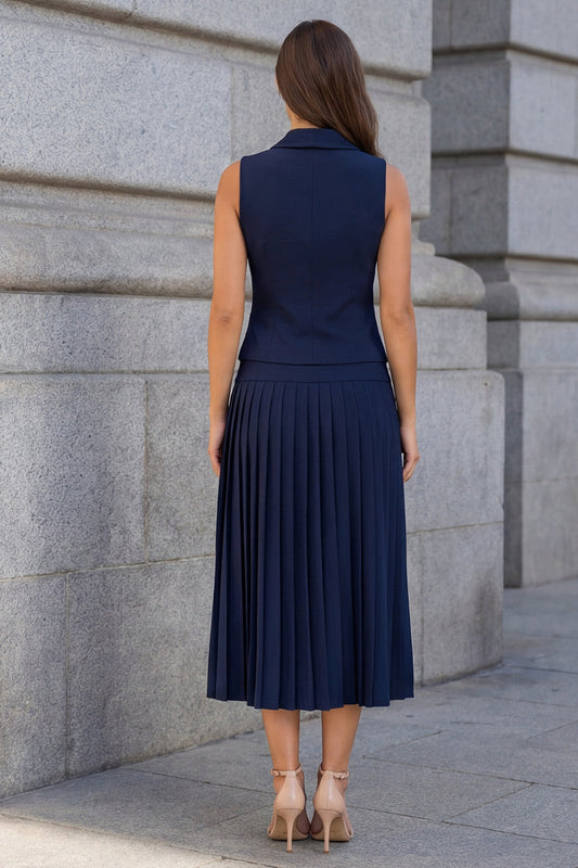Halter Navy Single-breasted Pleated A-Line 2-piece Work Dress