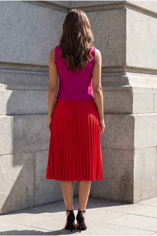 Fuchsia and Red V-Neck Pleated 2-piece A-Line Work Dress