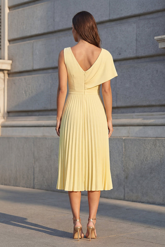 Yellow Asymmetrical Neck Pleated A Line Midi Work Dress