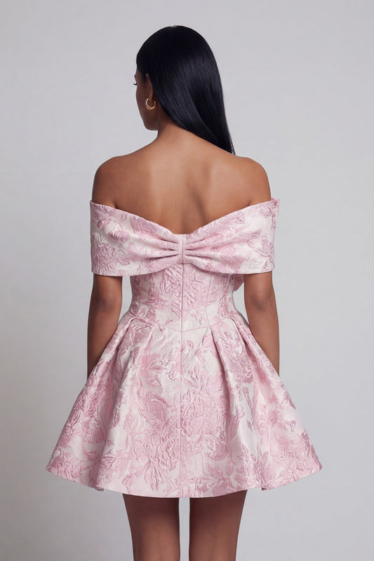 Pink Jacquard A-Line Off the Shoulder Mini Cocktail Party Dress With Bow
