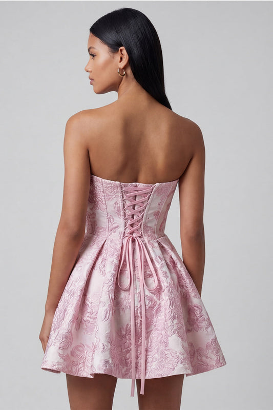 A-Line Pink Jacquard Sweetheart Ruffled Mini Cocktail Party Dress With Bow