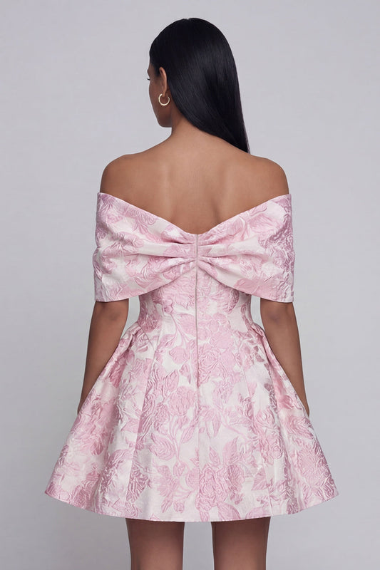 Jacquard A-Line Pink Off the Shoulder Mini Cocktail Party Dress With Bow