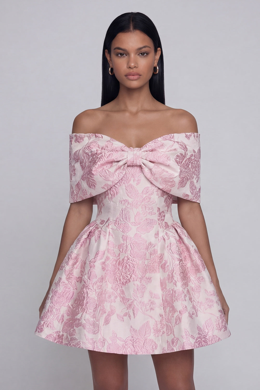 Jacquard A-Line Pink Off the Shoulder Mini Cocktail Party Dress With Bow