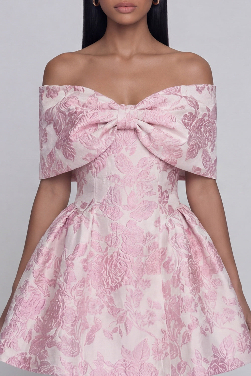 Jacquard A-Line Pink Off the Shoulder Mini Cocktail Party Dress With Bow