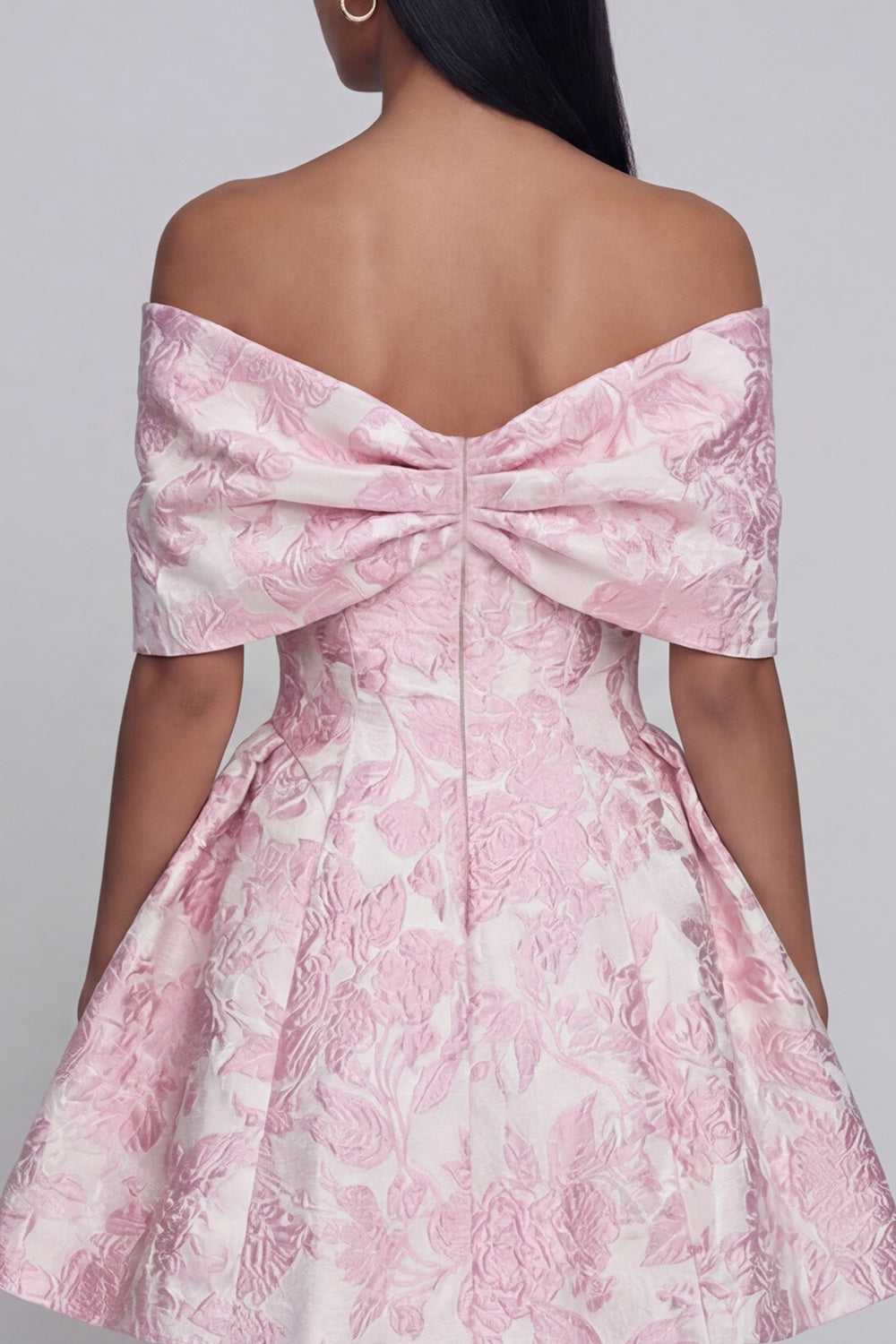 Jacquard A-Line Pink Off the Shoulder Mini Cocktail Party Dress With Bow