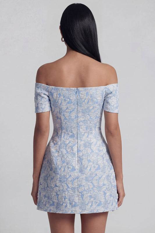 Off the Shoulder Blue Jacquard A-Line Mini Cocktail Party Dress With Bow