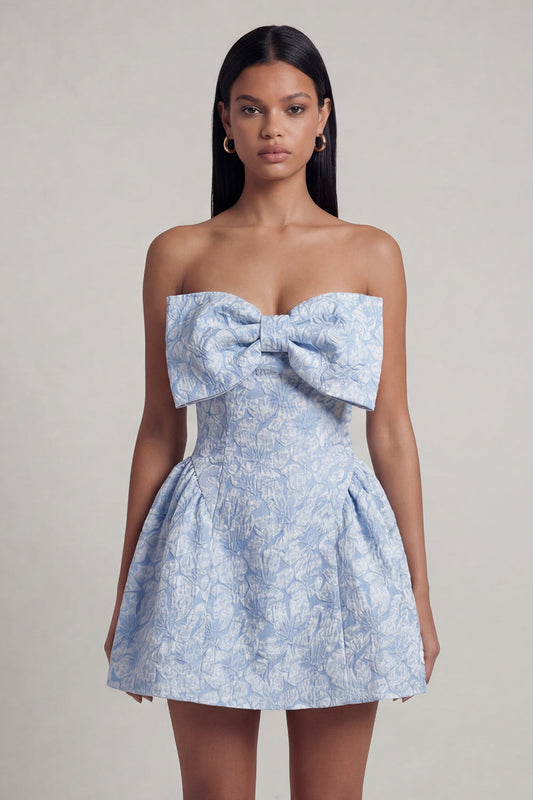 A-Line Blue Off the Shoulder Jacquard Mini Cocktail Party Dress With Bow