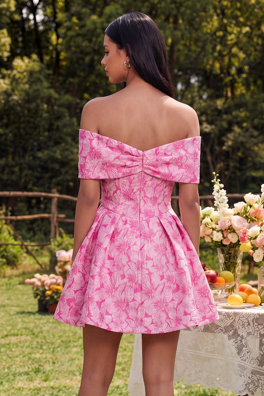 Off-the-Shoulder A-Line Fuchsia Jacquard Mini Cocktail Dress with Bow