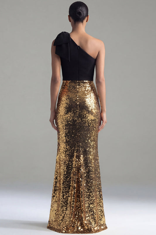Sparkly Black and Gold One-Shoulder Sheath Sequin Bow Long Formal Dress with Slit