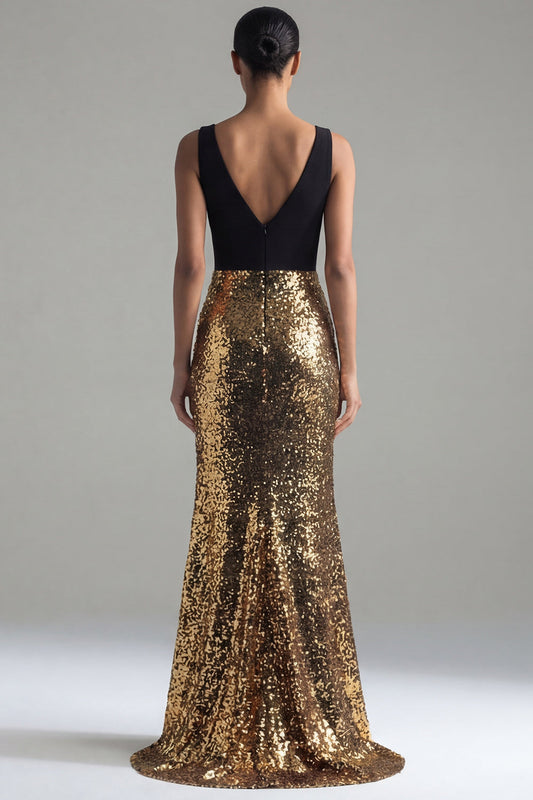 Sparkly Black and Gold Sequins V-Neck Mermaid Long Formal Dress with Slit
