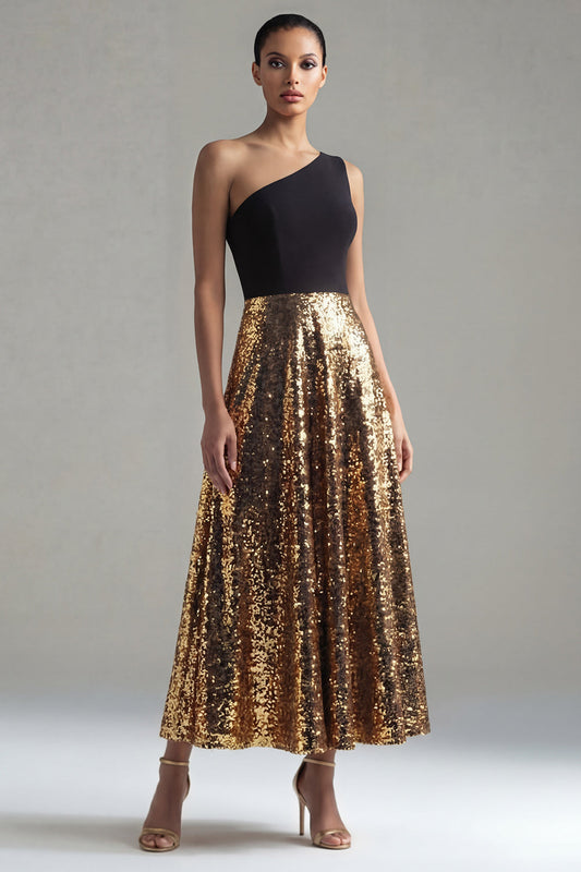 Sparkly One Shoulder A-Line Black and Gold Sequins Long Formal Dress