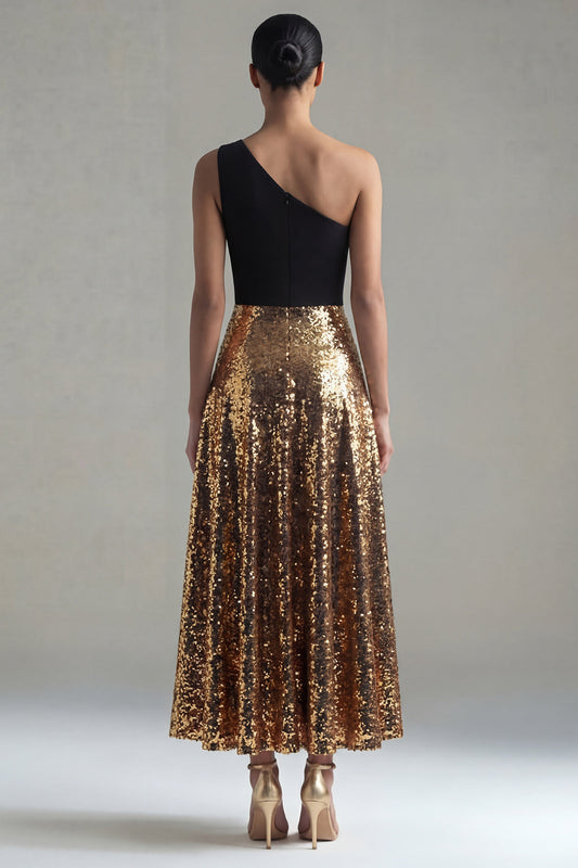 Sparkly One Shoulder A-Line Black and Gold Sequins Long Formal Dress