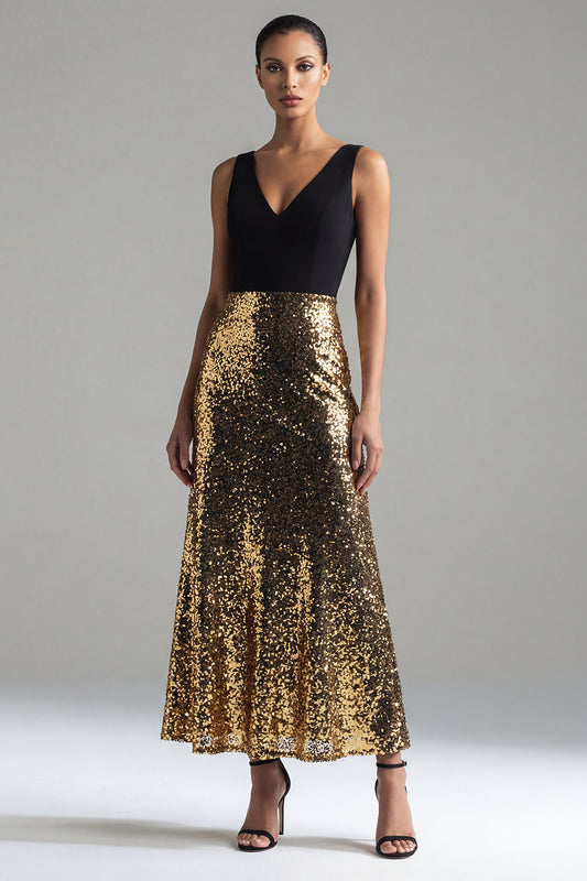 Sparkly Black and Gold Sequin A-Line V-Neck Long Formal Dress