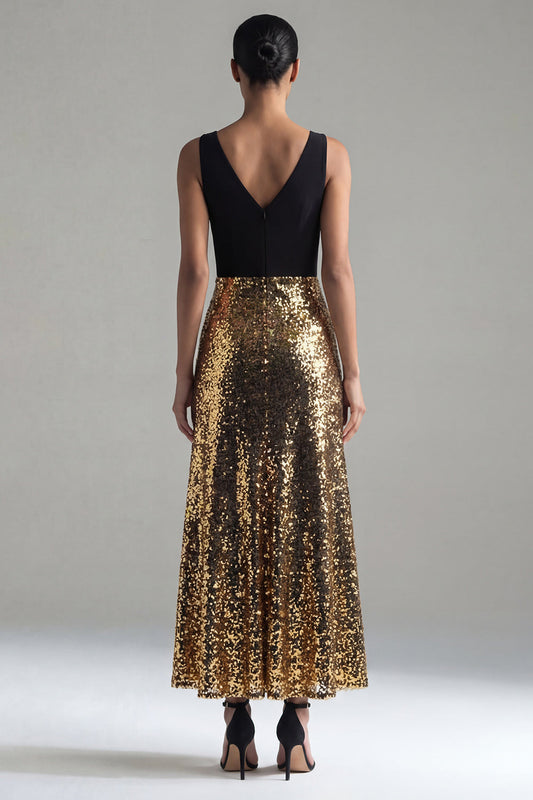 Sparkly Black and Gold Sequin A-Line V-Neck Long Formal Dress