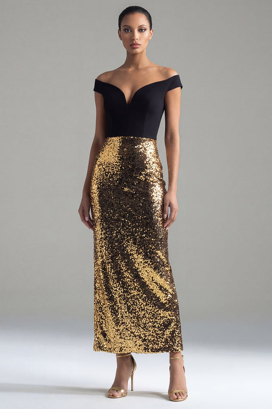 Sparkly Black and Gold Sequins Off the Shoulder Sheath Long Formal Dress with Slit