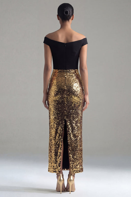 Sparkly Black and Gold Sequins Off the Shoulder Sheath Long Formal Dress with Slit